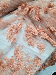Peach Floral 3D Beaded French Embroidered Handmade Mesh 3D Lace Fabric By Yard