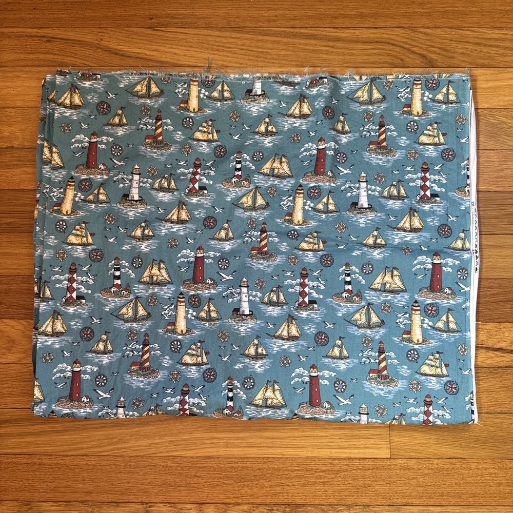 1995 100% Cotton Lighthouse And Sailboat Nautical Fabric On Teal Background 4 Yd