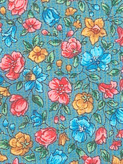1 5/8 yd VTG Cranston VIP Printworks Green Golden Yellow Blue Salmon Pink Fabric