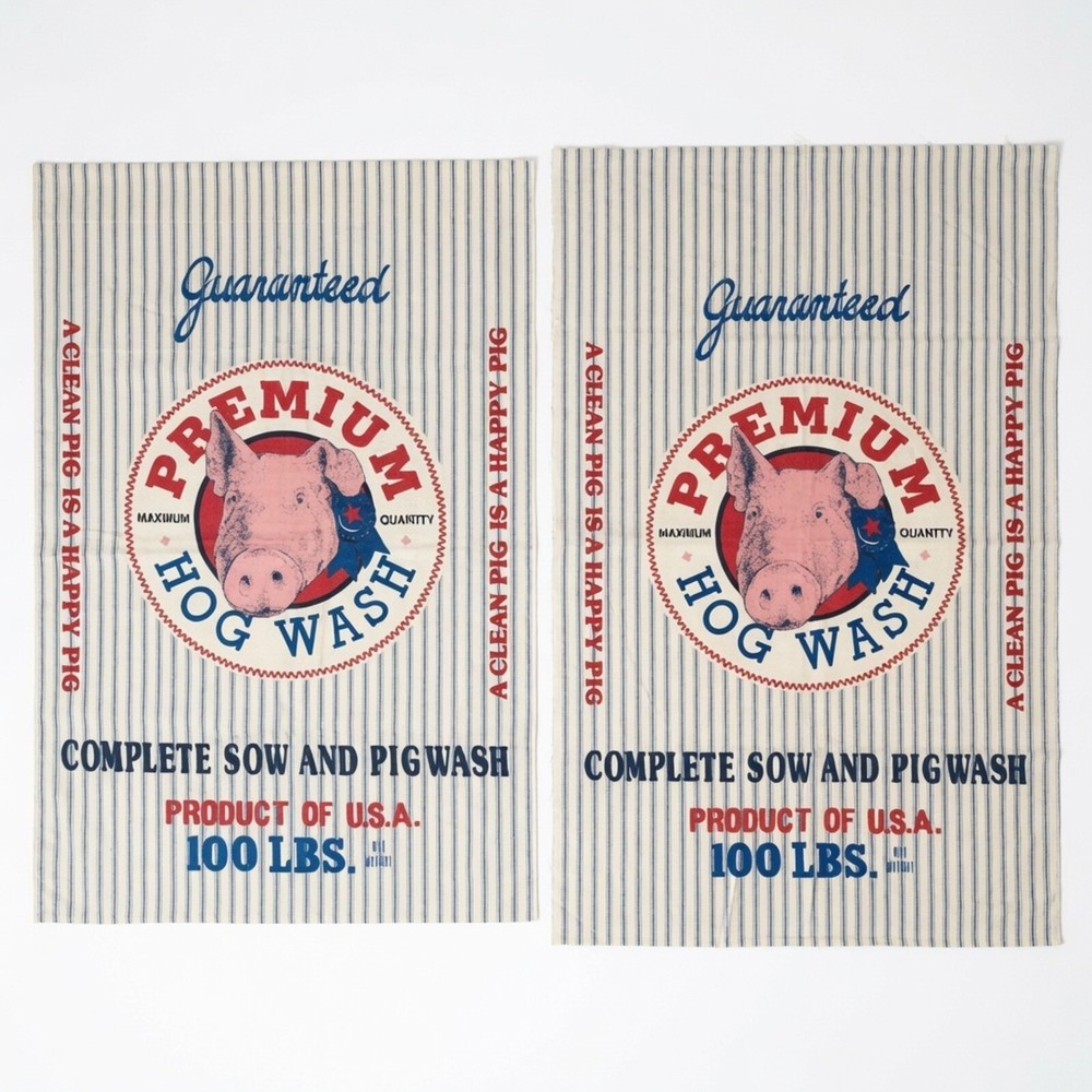 Farmhouse Primitive Pig Fabric Panels Feed Sack Hog Wash Ticking Stripe Pair