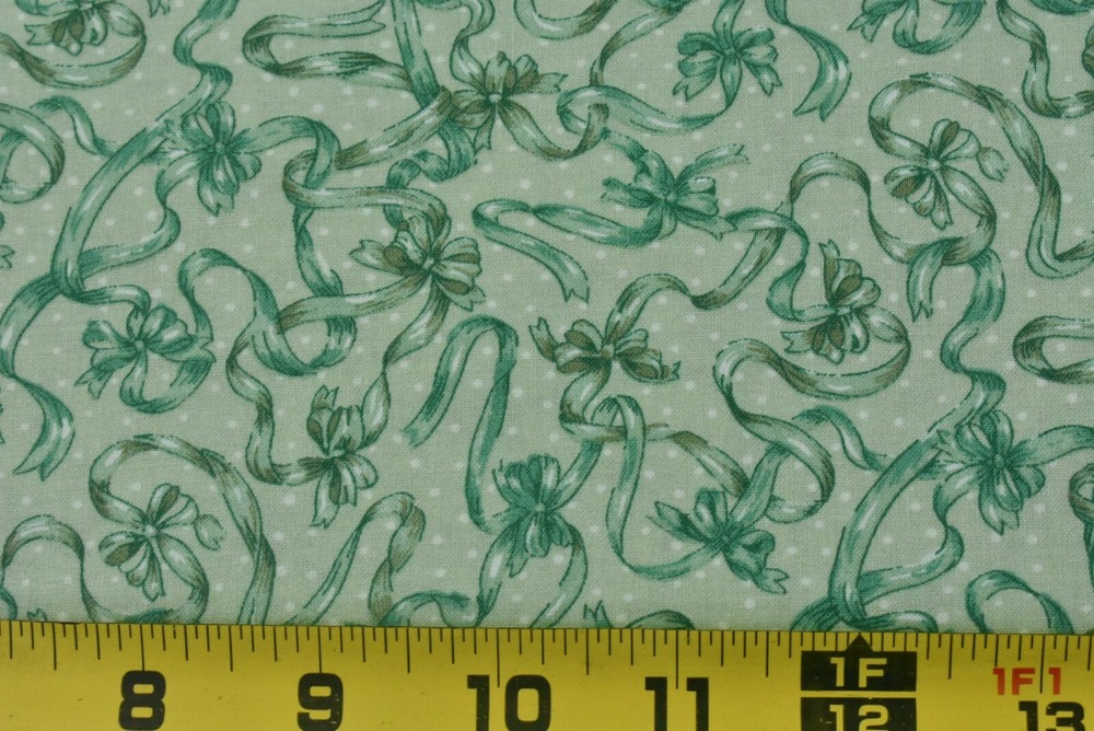 16″ Long, Vintage, Green Ribbons & Bows on Light-Green, Classic Cottons, P7659