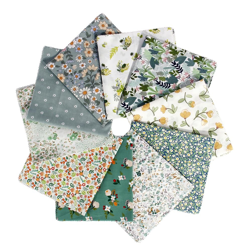 10 PCS 18×20 Inch Green Floral Cotton Fat Quarters Precut Quilting Fabric