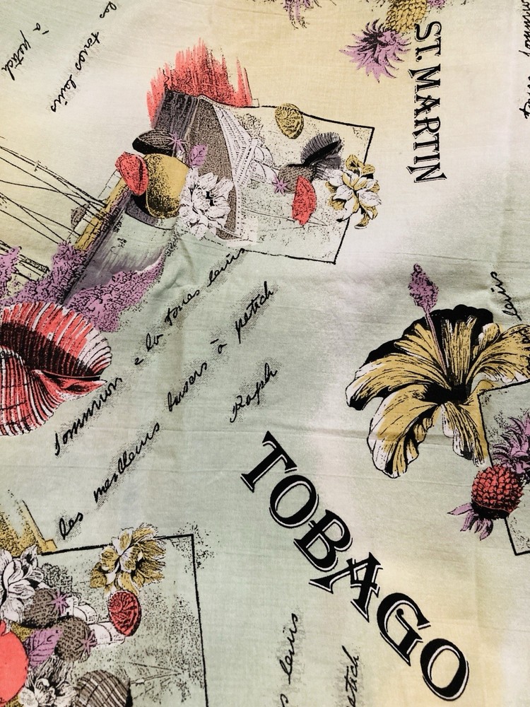 Virgin Islands Sea Shells Beaches on Pastels VTG Marcus Bros Textiles Fabric 35″