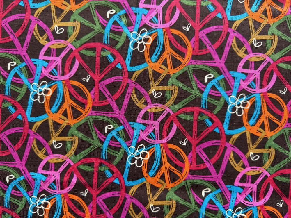 Groovy Peace Symbols Fabric; Brown with Orange, Pink, Green, Red, Yellow. BTHY