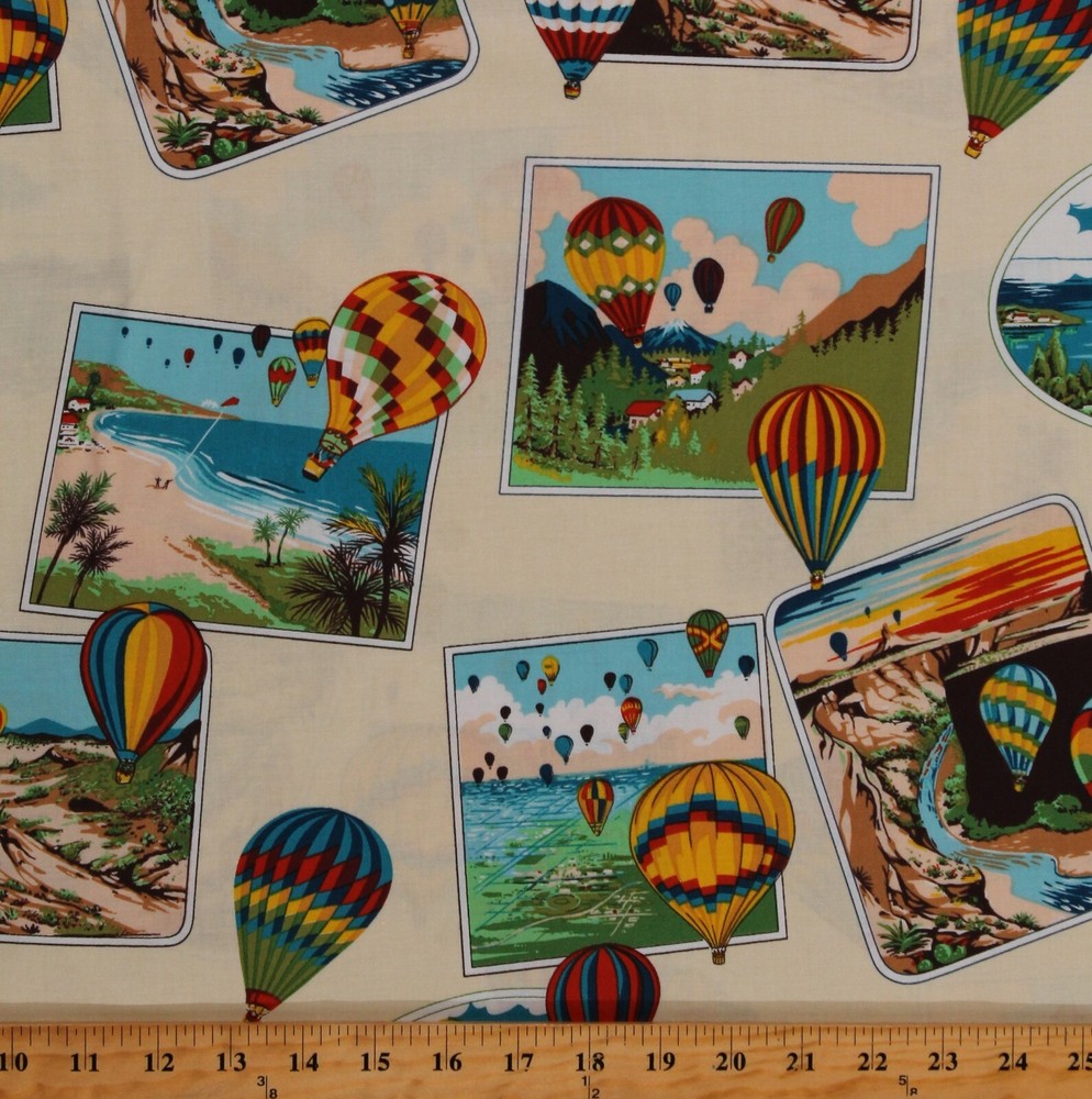 Cotton Hot Air Balloons Photos Postcards Cream Fabric Print by the Yard D691.20