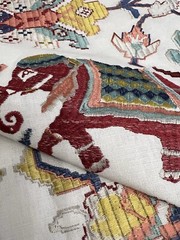 0.7 Yard Of Tapestry Red Teal Jane Churchill Embroidered Linen Drapery Remnant