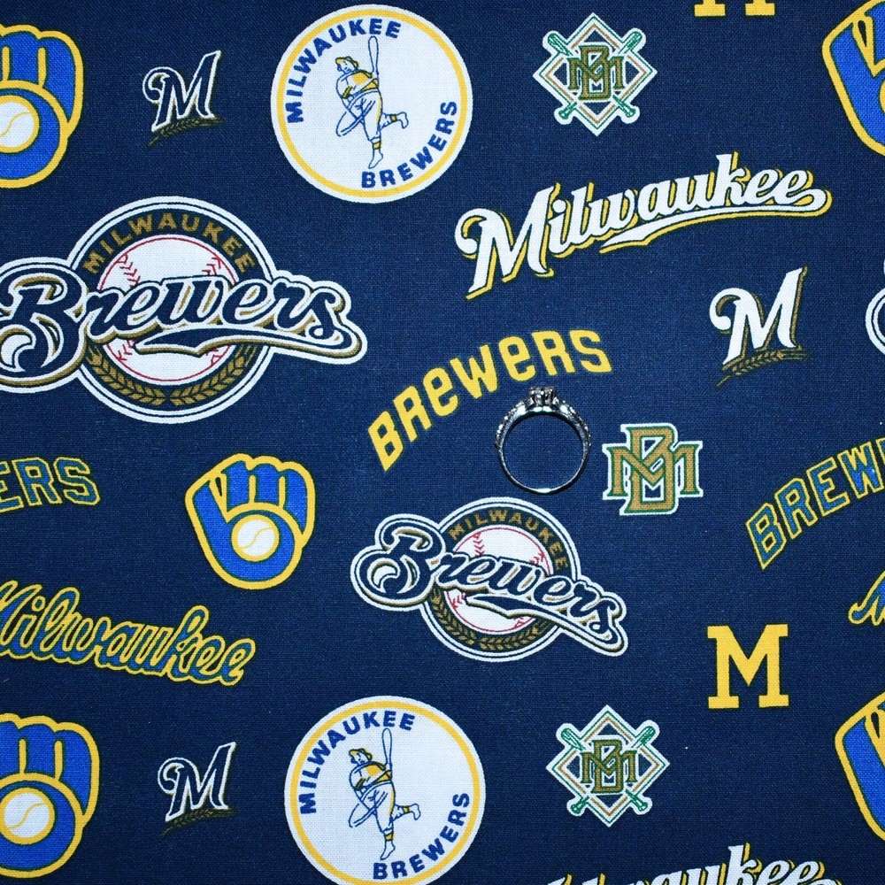 BonEFul Fabric FQ Cotton Quilt Navy Blue White Yellow Milwaukee Brewers Baseball
