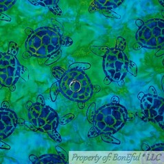 BonEful Fabric FQ Cotton Quilt Green Blue Tone Aqua Water Ocean Sea Turtle Batik