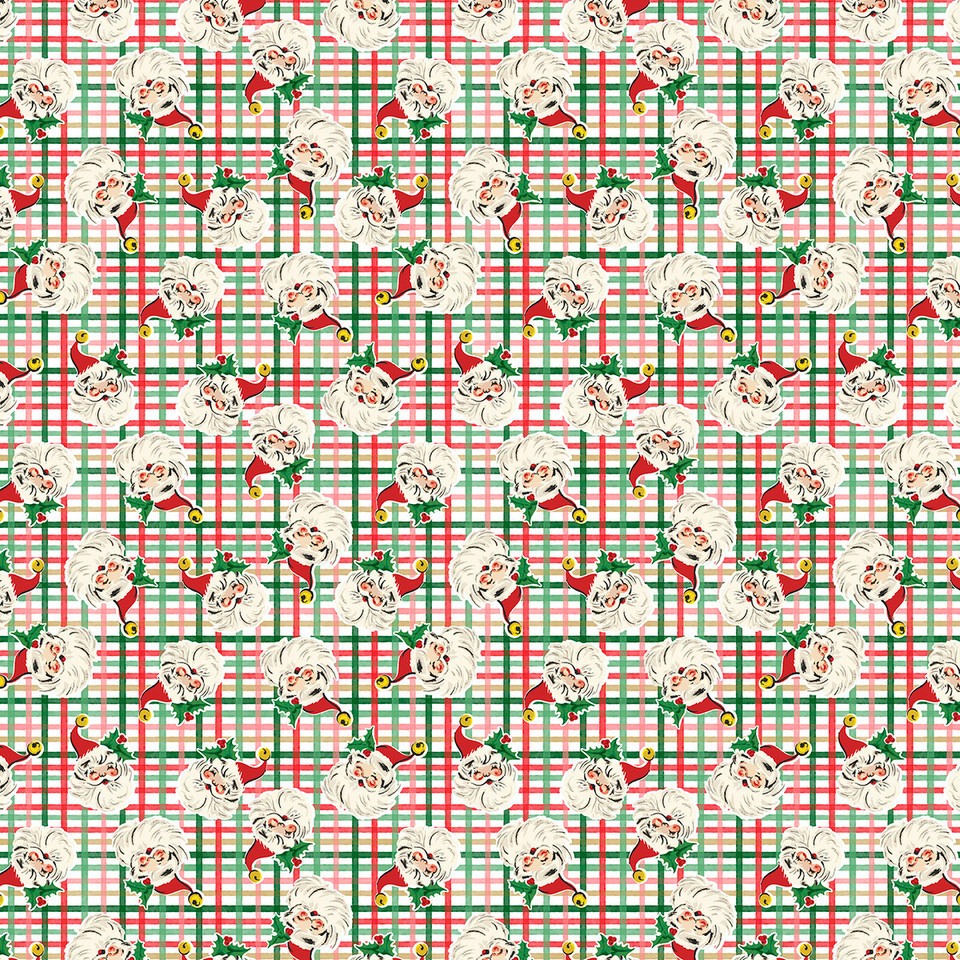 RETRO VINTAGE CHRISTMAS SANTA HEADS TARTAN DANCING SANTAS 3 WISHES FABRIC 1/2 YD