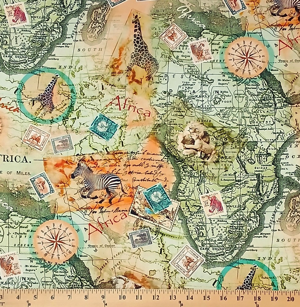 Cotton African Adventure Maps Safari Cotton Fabric Print by the Yard D376.65