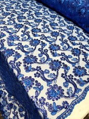 Royal Blue Lace Corded Design Embroidered With Sequins Mesh Lace Fabric By Yard