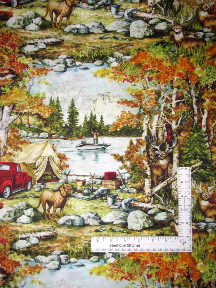 Tahoe Scenic Campground Fabric Trees Deer Tent Dog Cotton by Oasis By The Yard