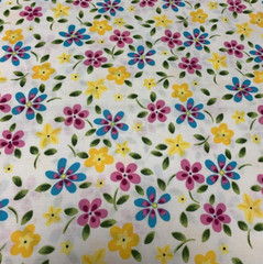 OOP Floral Fabric Pink Yellow Green Fuchsia Turquoise Blue On White Cotton 1+Yds