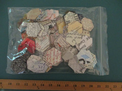 Quilt Block Fabric Basted 1″ Hexagons Lot of 211 All Print Words for EPP Crafts