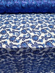 Royal Blue Lace Corded Design Embroidered With Sequins Mesh Lace Fabric By Yard