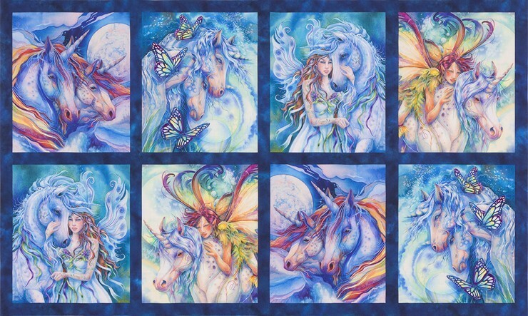 24″ X 44″ Panel Morningmoon Unicorns Magical Navy Cotton Fabric Panel D478.57