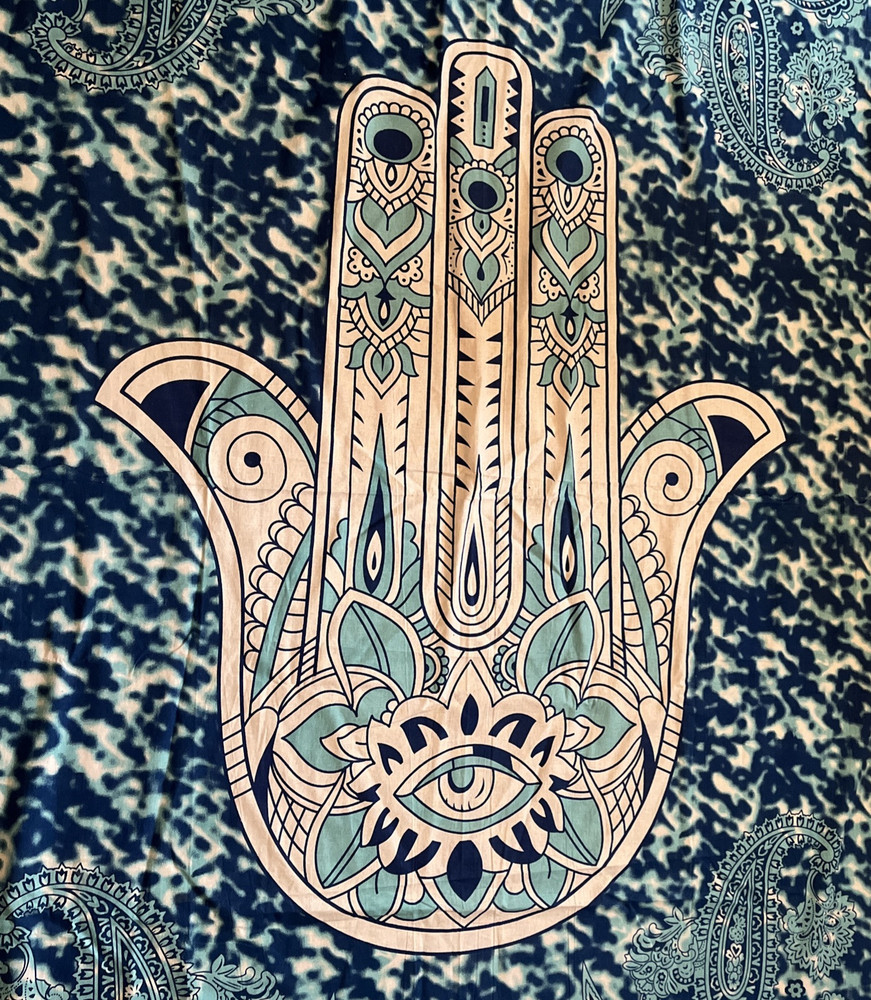 India Hamsa Hand Vintage Fabric Boho Wall Hanging Panel Cotton 55′ X 82″ Blue