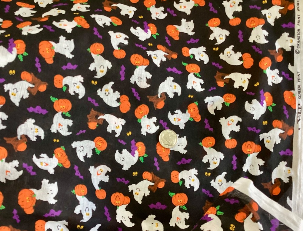 FAT QTR 18”x22” OR YARDAGE VTG GHOSTS & PUMPKINS HALLOWEEN BLACK CRANSTON FABRIC