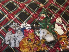 Cotton Blend FABRIC Hamil Textiles Christmas Cats Border on Tartan Plaid 1yd 34″