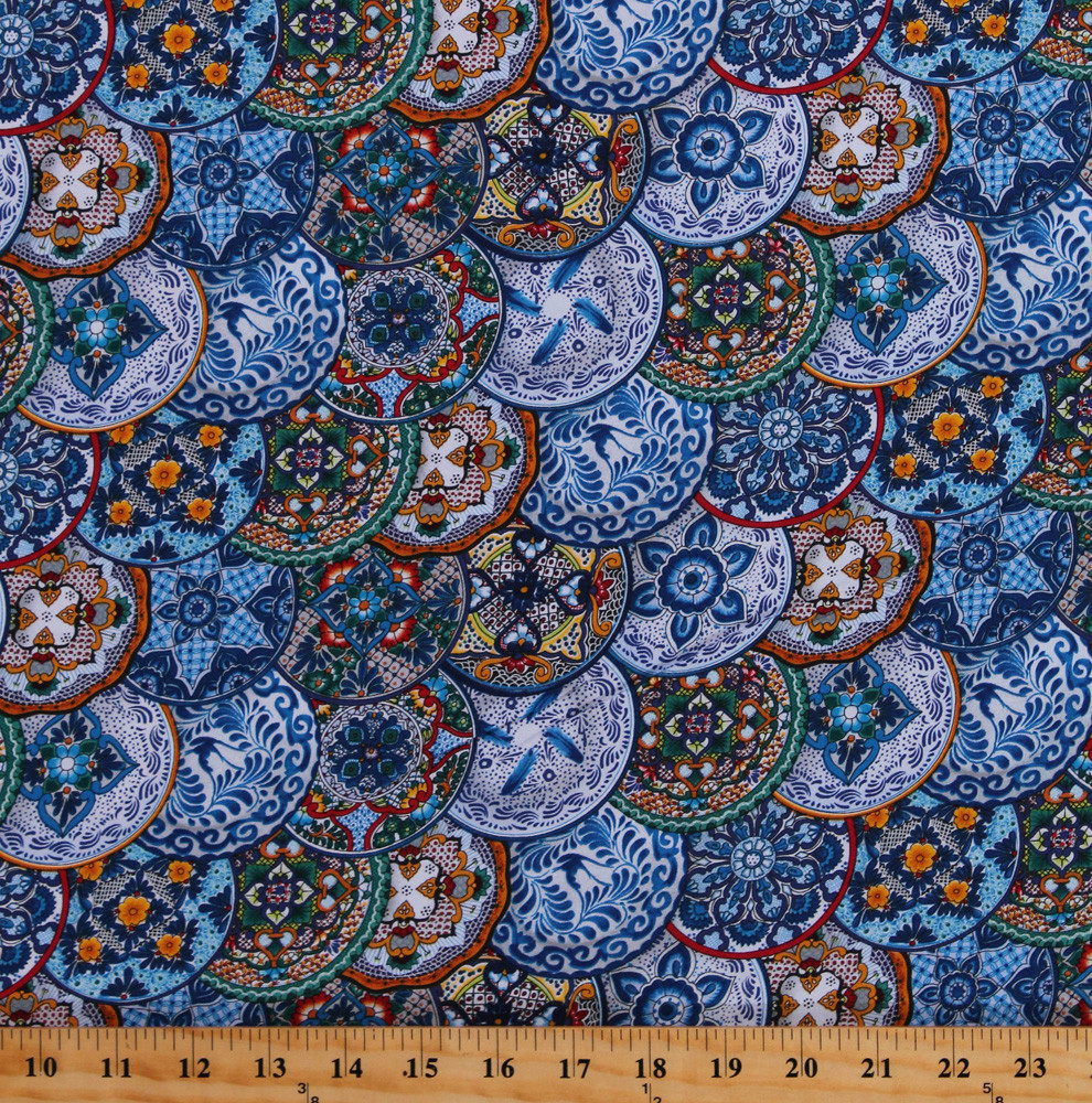 Mexican Plates Talavera Pottery Blue Fiesta Cotton Fabric Print by Yard D362.22