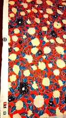 Red Material With Black and White Flowers and Blue Leaves 62 In x 32 In