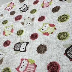 Owl Print Cotton Fabric Owls Theme White w/ Multicolor Owls & Circles 1 yd