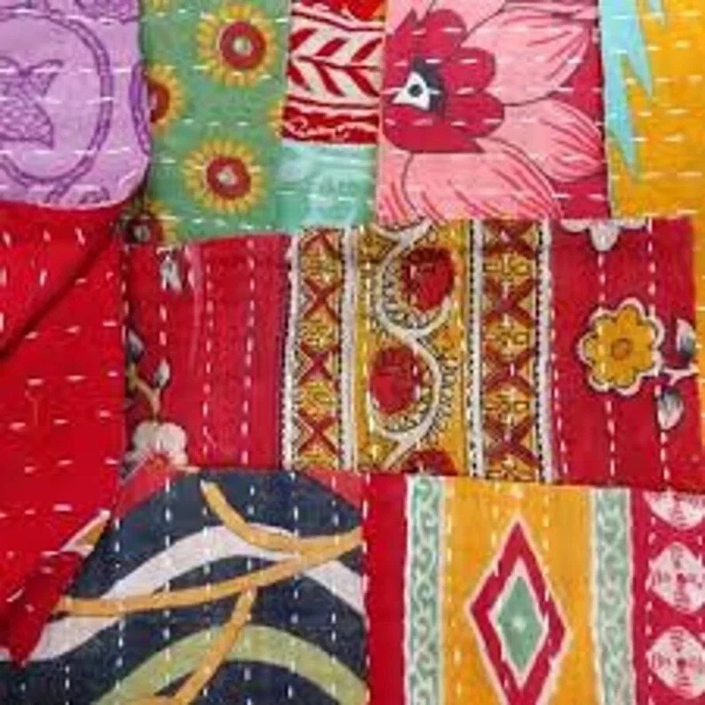 Vintage Cotton Kantha Scrap Bundles, Indian Sari Fabric Quilting Squares 5×5″