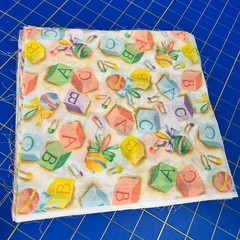 9″ Fabric Squares – Lot of 13 – Vintage baby theme blocks numbers rattle pastel