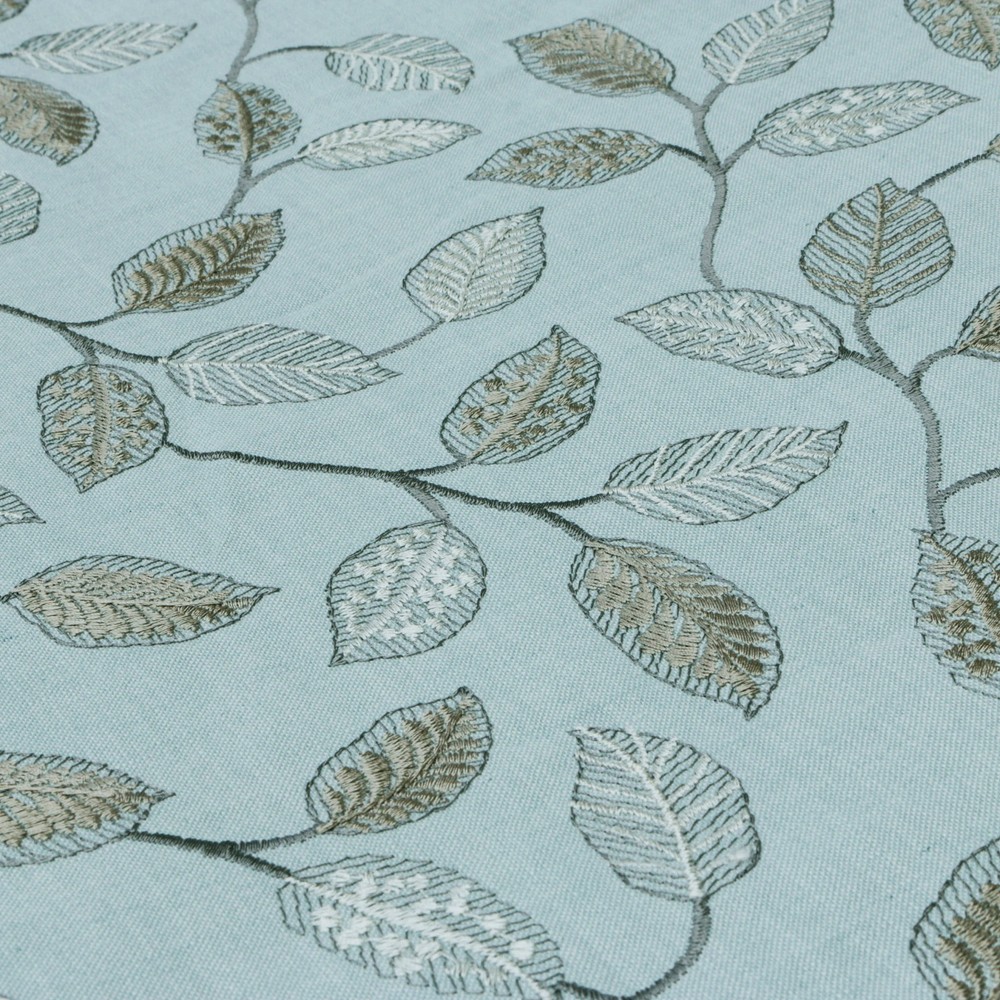 Powder Blue Leaves Fabric By The Yard, Cotton Linen Embroidered Floral