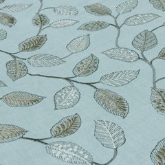 Powder Blue Leaves Fabric By The Yard, Cotton Linen Embroidered Floral