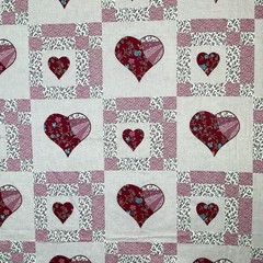 Vintage Cheater Quilt Pink Heart Fabric Panel 44″ x44″ Patchwork Rose 80s Calico