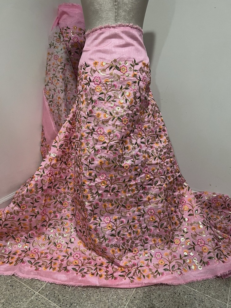 Pink Gold Multi Sequins Embroidery Dupioni Fabrics 44” Width Sold By The Yard