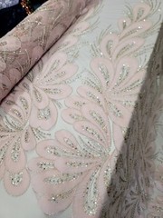 Floral 3D Lace Pink Embroidered Beaded Flowers Mesh Fabric Sold By The Yard Prom