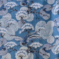 Blue, White, Gray Printed Cotton Fabric by the Yard, 1 Yard Blue Cotton Fabric
