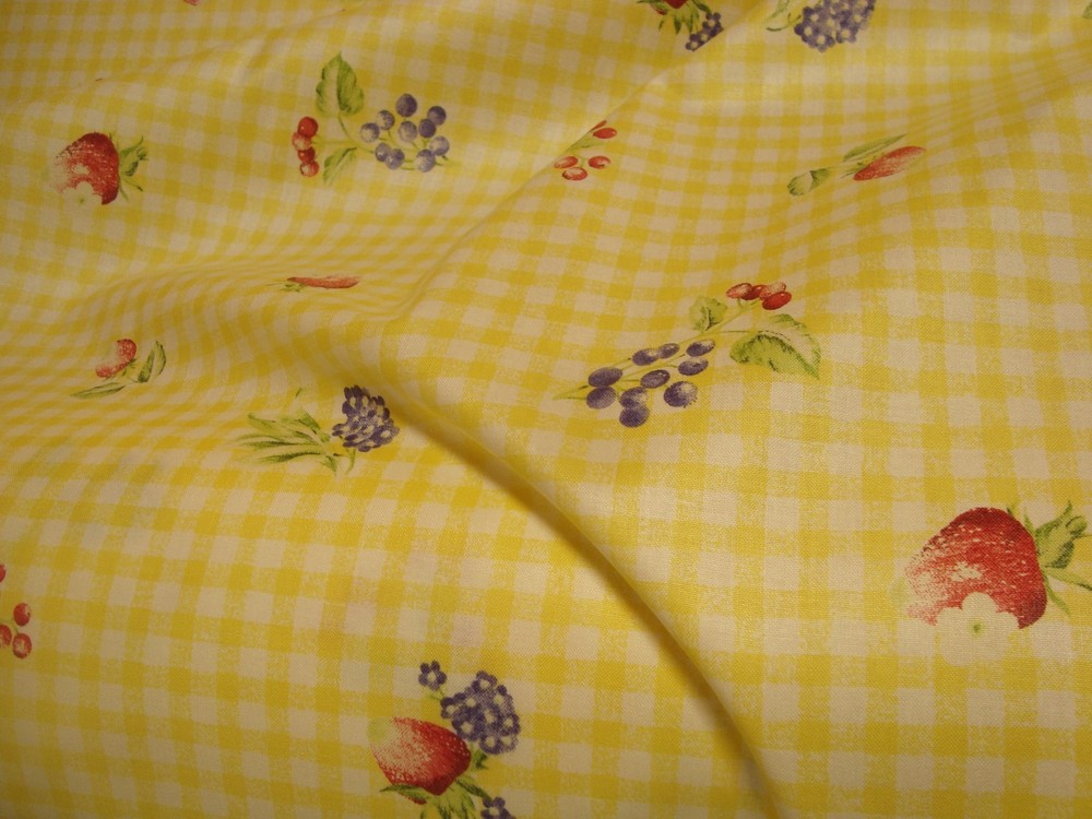 1 of 10 Yds Suburban Fabric Delightful Gingham Check fruit Yellow Drapery 54″w