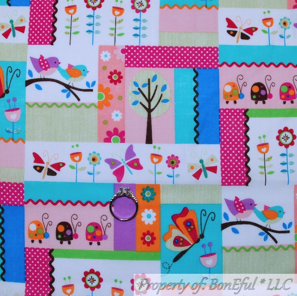 BonEful Fabric FQ Cotton Quilt Rainbow Flower Calico Butterfly Bird Ladybug Girl