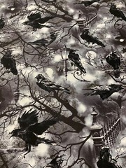 CROWS TREES GATE MOON SPOOKY BLACK WHITE GRAY COTTON FABRIC FQ