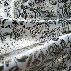 Gilded White Gold Paisley Satin Fabric 56″ By the Yard Shiny Metallic Overlay