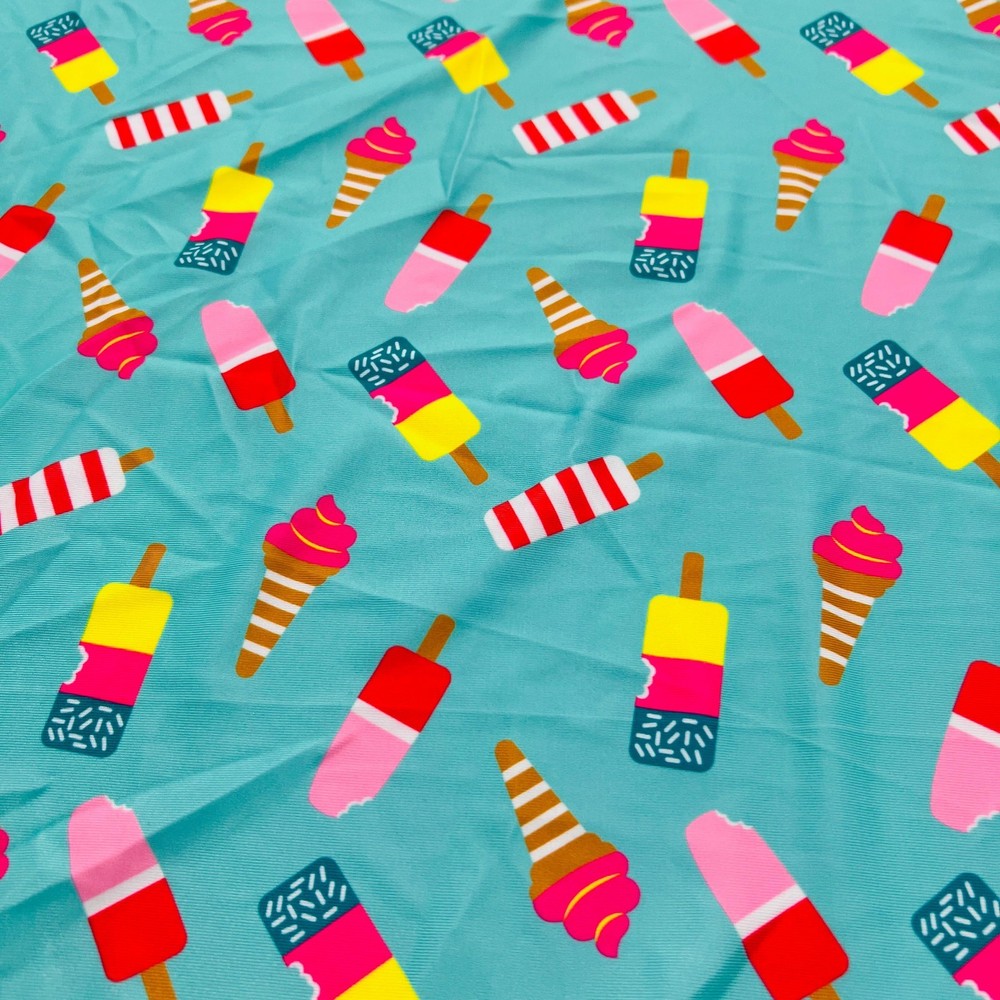 Spandex Fabric Ice cream with Blue Background print Stretch 60″wSwimsuit By Yard