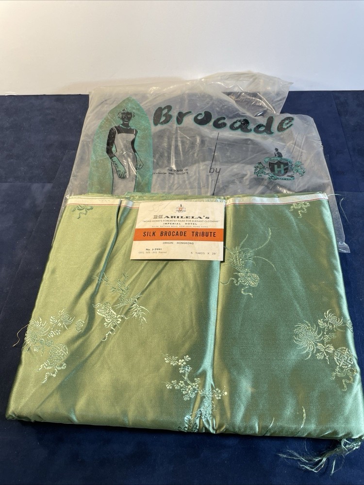 Vtg 1950s Harilela Hong Kong Silk Blend Brocade Fabric Silvery Green 5 Yards