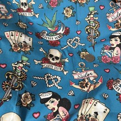 2019 Fabric Retro Sailor Tattoo Pin Ups Anchors Skulls Cotton Blue Multi 18×44″