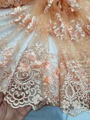 Peach 3D Floral Lace Fabric with Pearls & Scalloped Mesh by the Yard