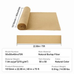 Natural Burlap Fabric Roll, 40” x 75 ft & 50 x 50 High-Density Jute Fabric