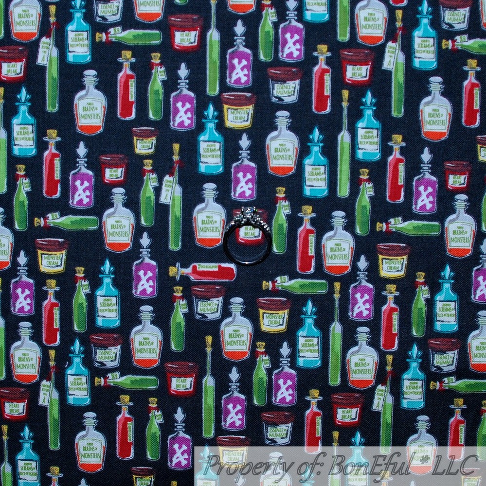 BonEful FABRIC FQ Cotton Quilt Black Purple Red White Witch Brew Potion Bottle S