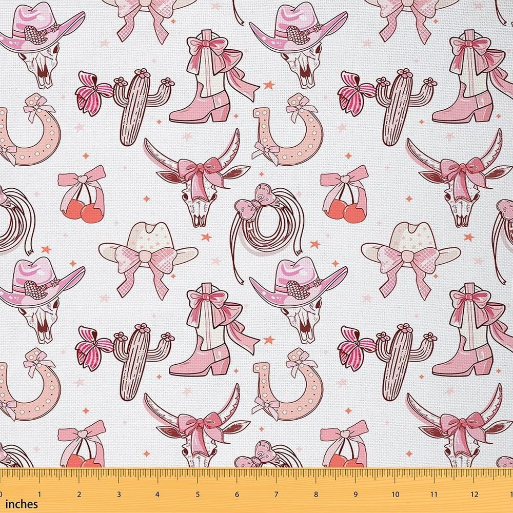 Western Cowgirl Fabric by The Yard,Soft Polyester,Cowboy Hats Boots Horseshoe…
