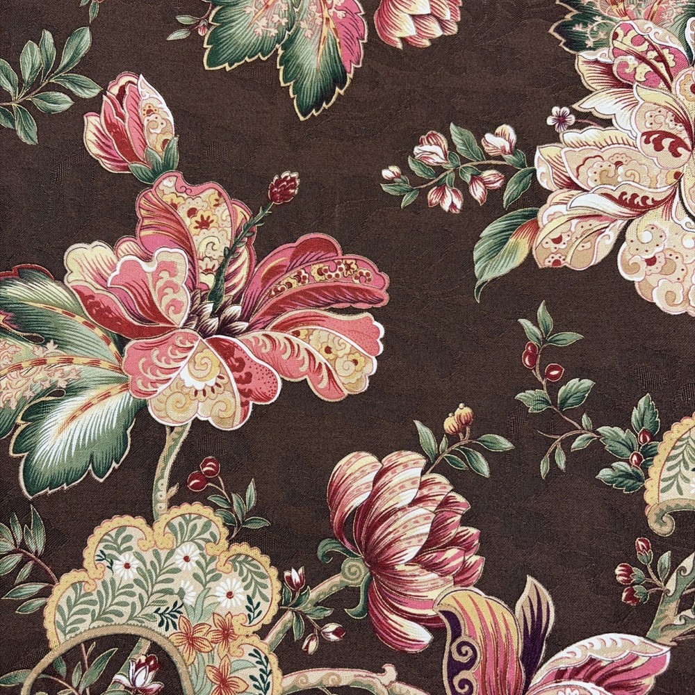 Cotton Medium Weight Fabric Brown With Pink/Green/Burgundy Floral Pattern Crafts