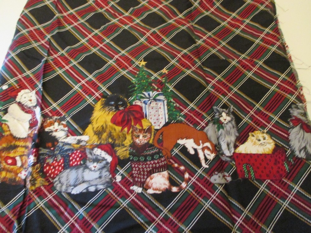 Cotton Blend FABRIC Hamil Textiles Christmas Cats Border on Tartan Plaid 1yd 34″