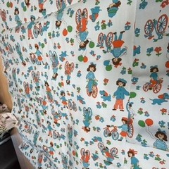 Vintage Childrens Fabric Material Kids on Bikes Heavy 4 yards Total 36″ Wide