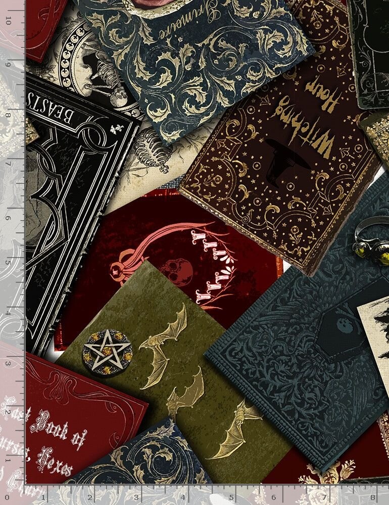 Halloween Fabric – Wicked Spell Books Toss Red Black – Timeless Treasures YARD