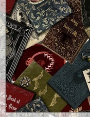 Halloween Fabric – Wicked Spell Books Toss Red Black – Timeless Treasures YARD